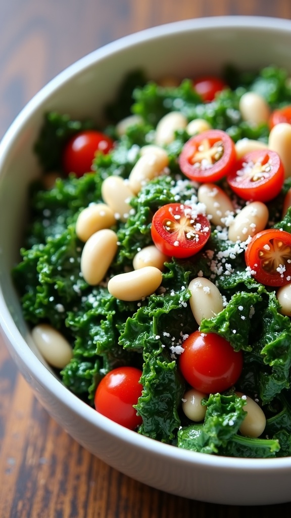 Sautéed kale and white bean salad with cherry tomatoes and Parmesan cheese on a wooden table.